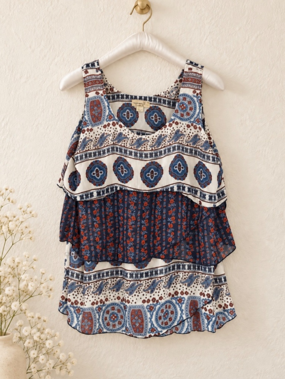 One World Women's Sleeveless Tiered Tank Boho Pattern Size Petite Medium